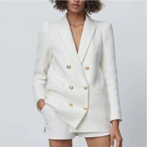 ZARA White Bouclé Double Breasted Blazer Gold Buttons Textured Jacket Women’s S